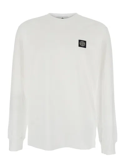 STONE ISLAND WHITE LONG-SLEEVE CREWNECK T-SHIRT WITH LOGO PATCH ON THE FRONT IN COTTON MAN