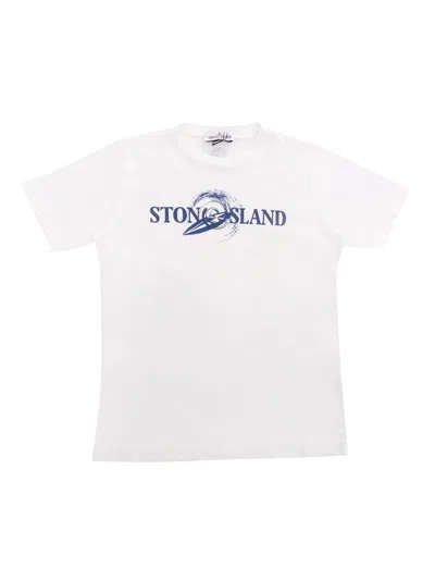 Stone Island White T-shirt With Blue Prints