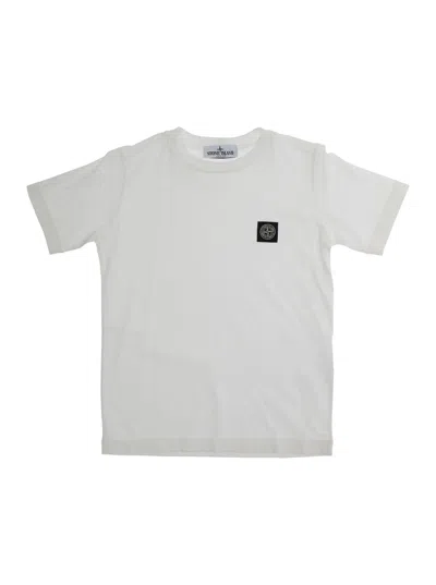 Stone Island Kids' White T-shirt With Round Neck And Logo Patch On The Front In Cotton Boy
