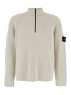 Stone Island White Sweater With Logo Patch On The Sleeve And Front Half Zip Closure In Wool Stretch Man In White