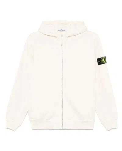 Stone Island White Zip-up Hoodie With Drawstring