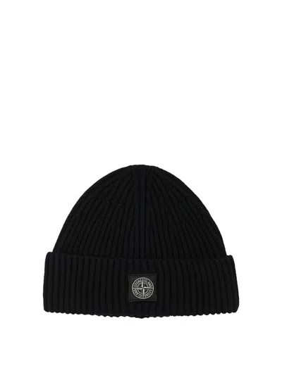 Stone Island Ribbed Knit Fisherman Beanie With Turn-up Cuff In Black