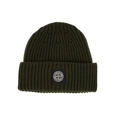 Stone Island Kids' Wool Beanie Hat With Logo Patch In Green