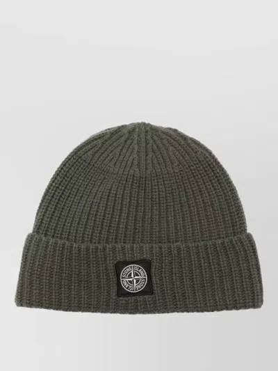 Stone Island Wool Beanie Ribbed Knit Logo Detail In Green