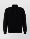 Stone Island High Collar Pullover With Buttoned Placket And Logo Patch In Black