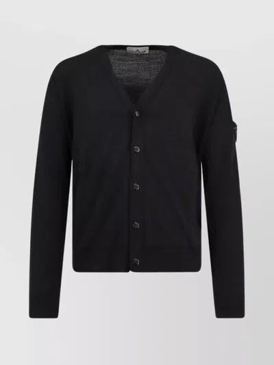 Stone Island Wool Cardigan With Ribbed Profiles And Pockets In Black