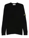 Stone Island Stretch Wool Crewneck Sweater With Reverse Stitch Details In Black