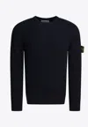 Stone Island Crew Neck Wool Sweater With Reverse Stitch Details In Blue