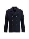 Stone Island Double-breasted Blue Coat With Structured Collar In Blue