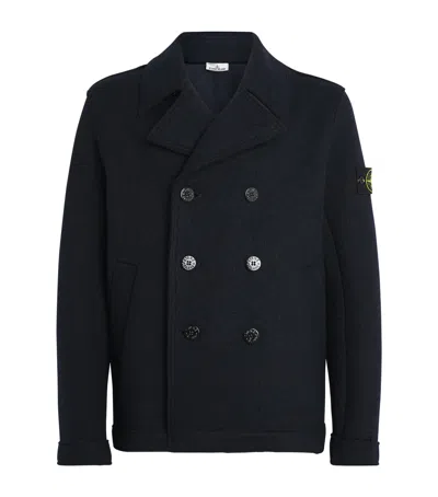 Stone Island Wool Felted Compass Pea Coat In Blue