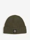 Stone Island Beanie With Compass Patch And Ribbed Cuff In Green