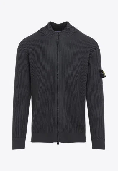 STONE ISLAND WOOL LOGO-PATCH ZIP-UP CARDIGAN