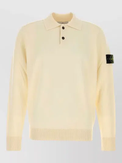 Stone Island Wool Polo Shirt Ribbed Collar Cuffs Hem In Multi