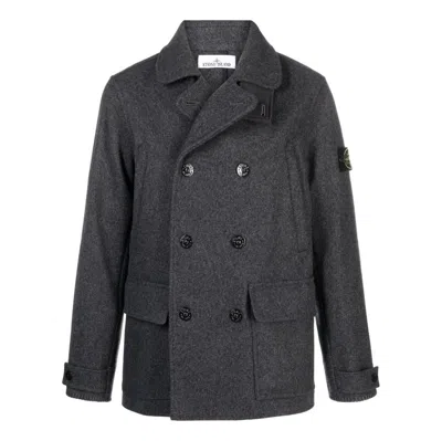 Stone Island Wool Street Style Plain Logo Peacoats Coats 'grey' In Black