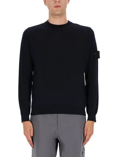 Stone Island Crew Neck Blue Sweatshirt In Virgin Wool In Black
