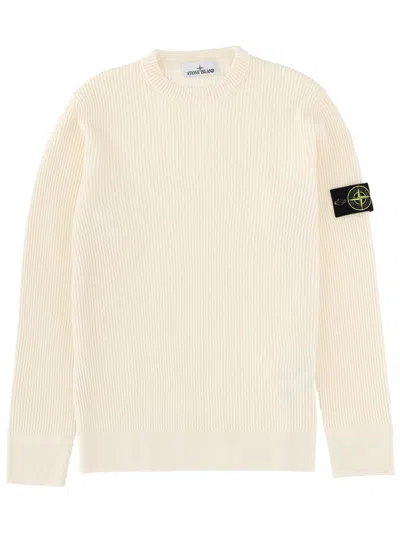 Stone Island Ivory Ribbed Knit Sweater With Crew Neckline In Multi