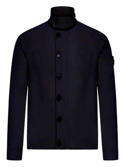 Stone Island Wool Turtleneck Cardigan In Blue