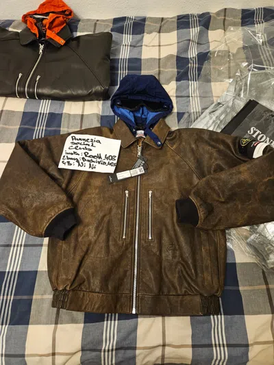 Pre-owned Stone Island X Supreme Distressed Leather Bomber Brown