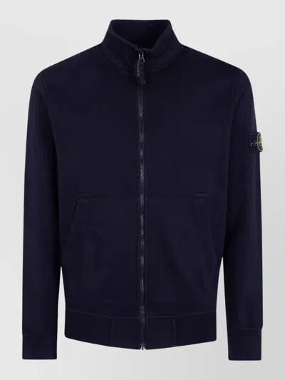 Stone Island Zip Front Cardigan High Collar Side Pockets In Blue