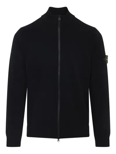 Stone Island Full-zip High-neck Wool Cardigan Clothing In Black