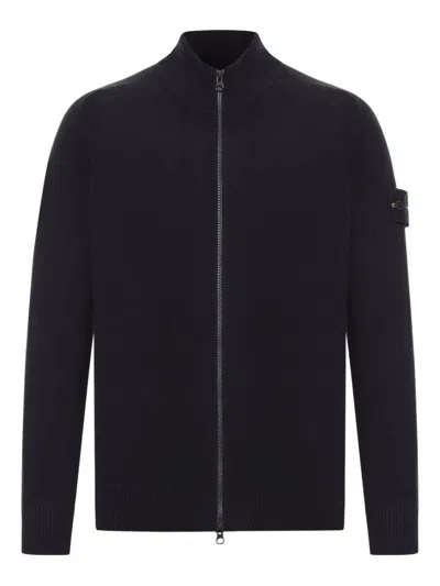 Stone Island Zip-neck Wool Cardigan In Blue