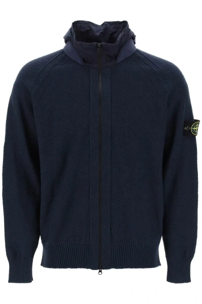 Stone Island Zip-up Cardigan With Detachable Hood In Blue