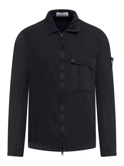 Stone Island Zip Up Denim Shirt In Blu