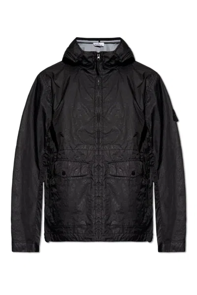 Stone Island Zip-up Hooded Jacket In Black