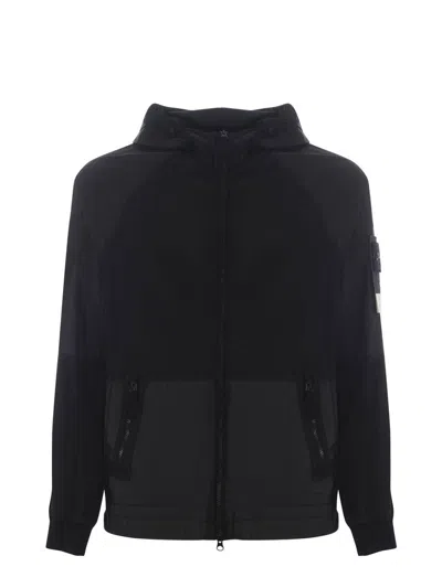 Stone Island Zip Up Hooded Jacket In Black