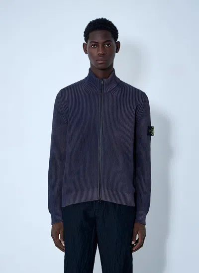 Stone Island Ghost Waffle-knit Virgin Wool Zip-up Cardigan In Blue