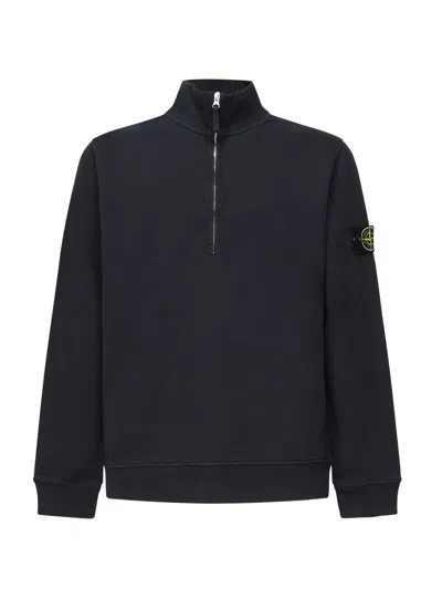 Stone Island Zip-up Sweatshirt With Ribbed Inlays In Blue