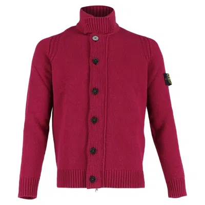 Stone Island Zipped Cardigan With Buttons In Burgundy Lambswool