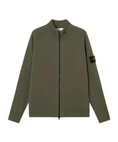 Stone Island Zipper-up Sweater With Raglan Sleeves And Ribbed Trims In Green