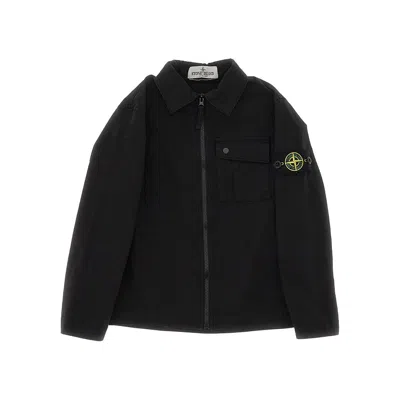 Stone Island Zippered Cotton Overshirt Kids In Black