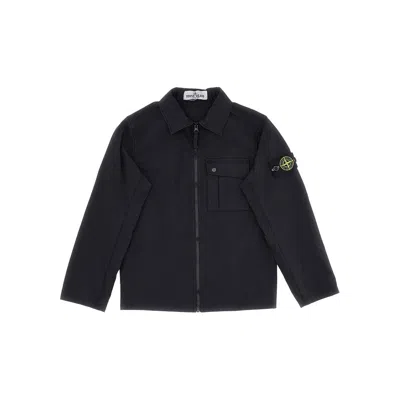 Stone Island Zippered Cotton Overshirt Kids In Blue