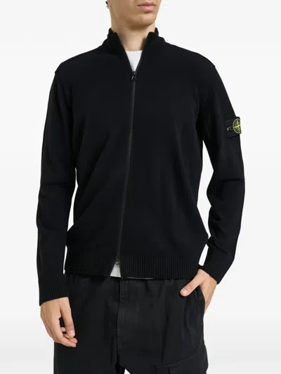Stone Island Virgin Wool Knit Full-zip Hoodie With Logo Patch In Animal Print