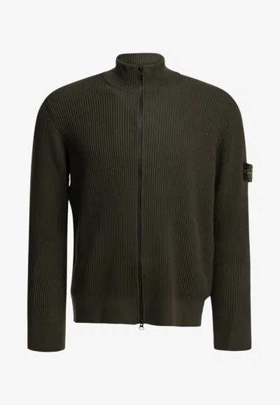 Stone Island Zip-up Ribbed Cardigan In Green