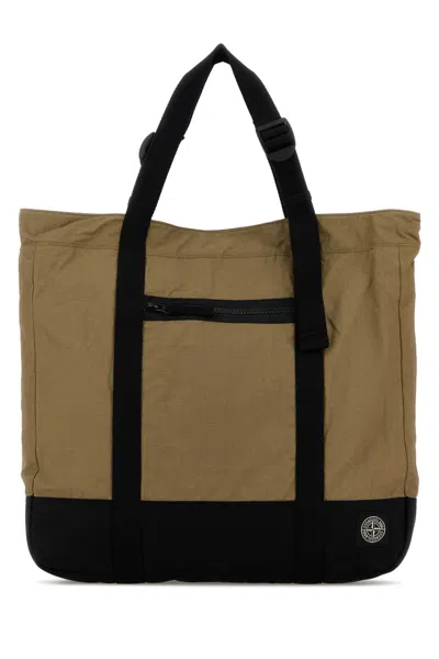 Stone Island -inspired Khaki Canvas Shopping Handbag In Brown