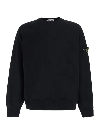 Stone Island -style Cotton Crewneck Sweatshirt With Sleeve Logo Patch In Black