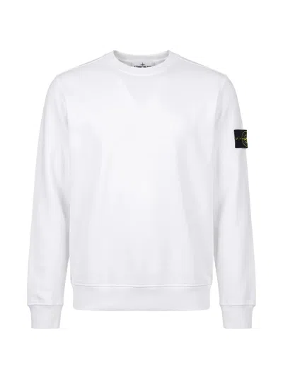 Stone Island -style Cotton Fleece Crewneck Sweatshirt With Left Sleeve Badge In White