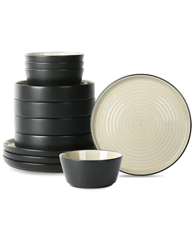 Stone Lain Elica 12pc Beige/black Stoneware Dinnerware Set In Yellow