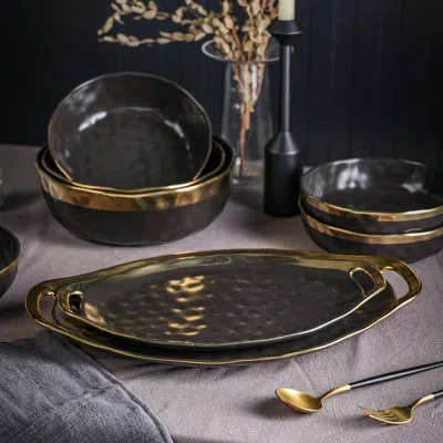 Stone Lain Florian 2-piece Serving Oval Tray Plate Set Porcelain In Black