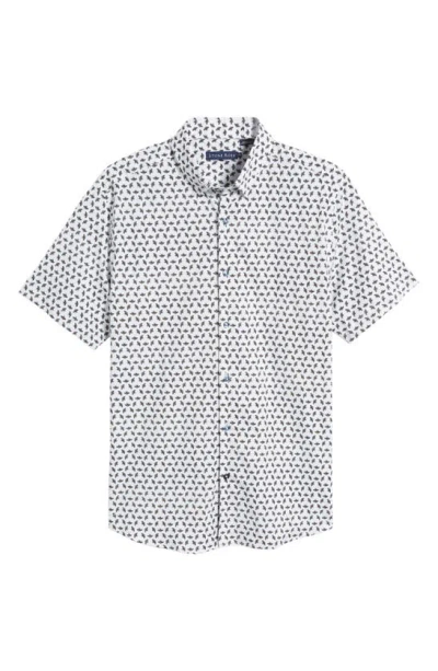 Stone Rose Bee Print Short Sleeve Stretch Button-up Shirt In White