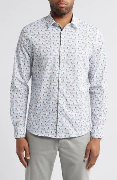 Stone Rose Bicycle Print Stretch Cotton Button-up Shirt In White