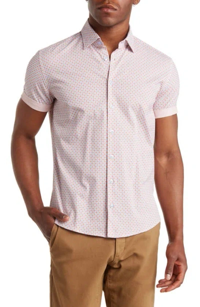 Stone Rose Clover Geo Print Short Sleeve Stretch Cotton Button-up Shirt In Dark Orange