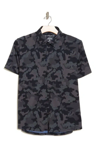 Stone Rose Drytouch® Performance Camo Print Short Sleeve Button-up Shirt In Black