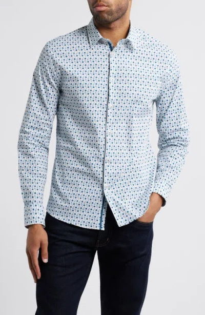 Stone Rose Floral Branch Stretch Cotton Button-up Shirt In Teal