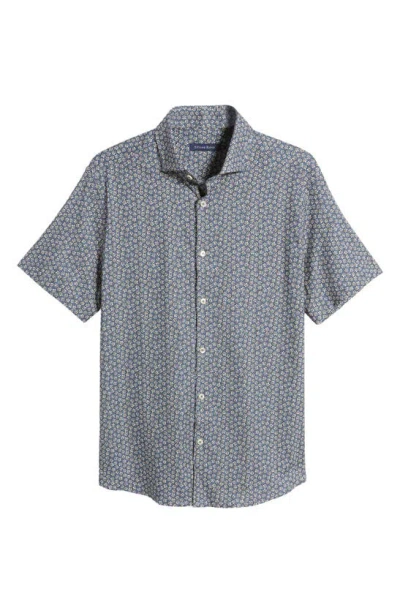 Stone Rose Floral Short Sleeve Stretch Cotton Blend Button-up Shirt In Navy