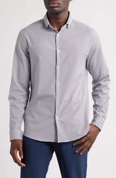 Stone Rose Flower Mosaic Stretch Cotton & Lyocell Button-up Shirt In Blue