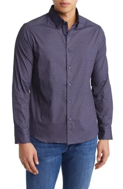 Stone Rose Geometric Print Stretch Button-up Shirt In Navy